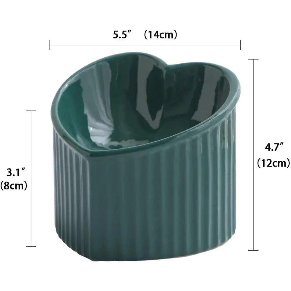 Elevated Tilted Ceramic Pet Bowl Dark Green Heart Raised Food Water Dish
